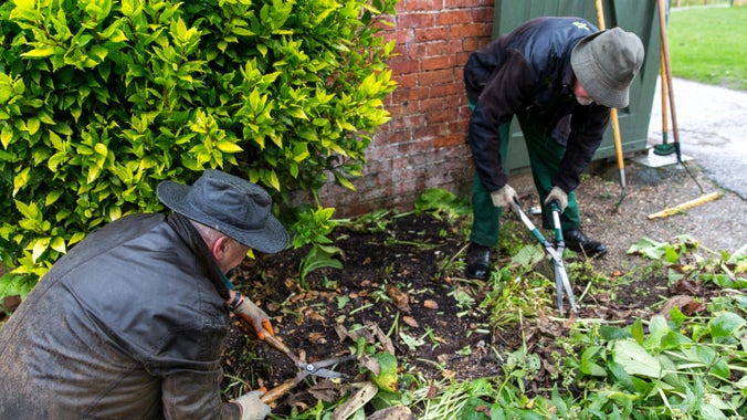 Volunteer gardeners at work in the garden at Erddig, Wrexham, Wales